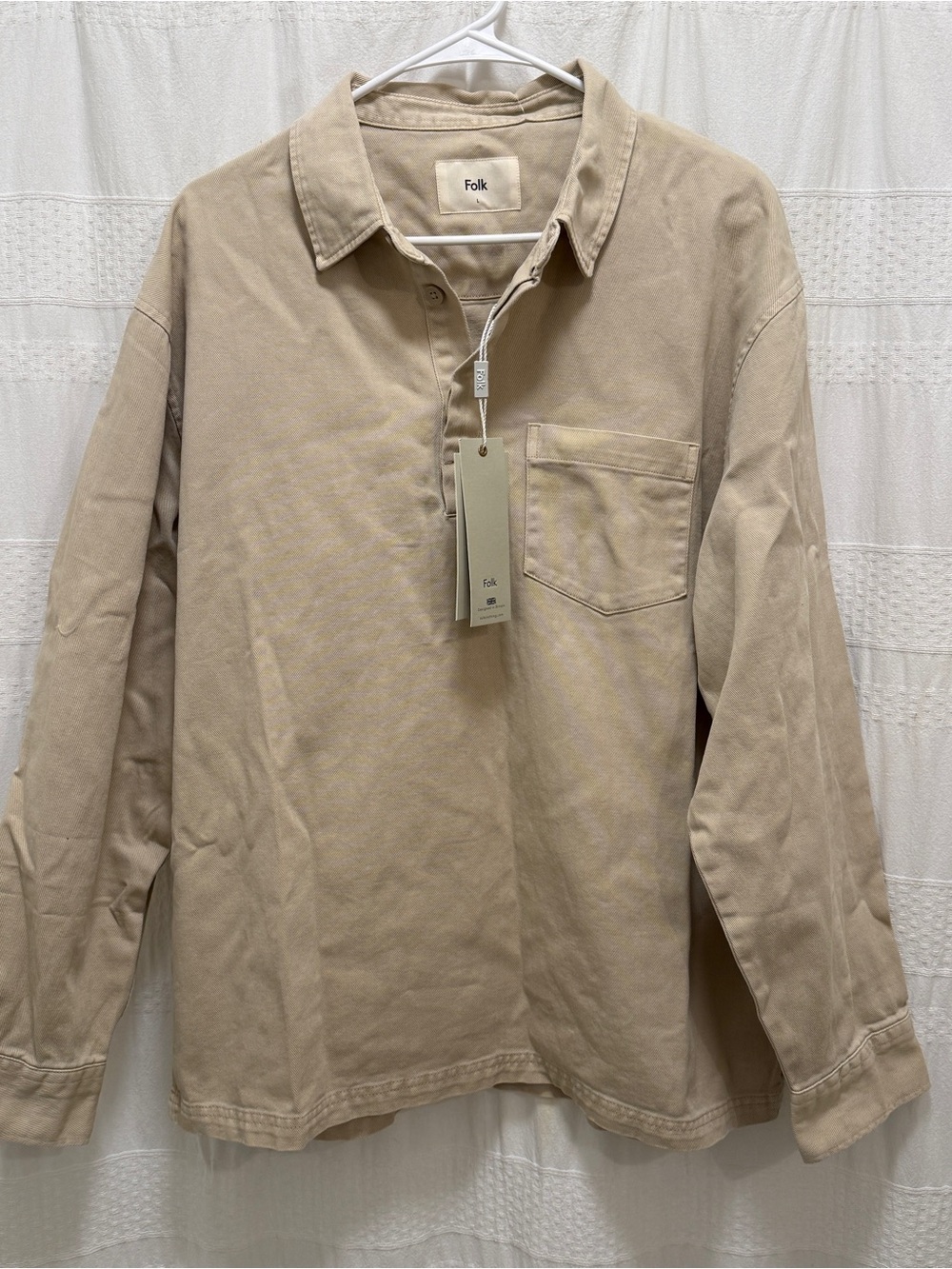 NWT Folk Quinn Rugby Polo Stone Men’s Large Long Sleeve 100% Cotton $172